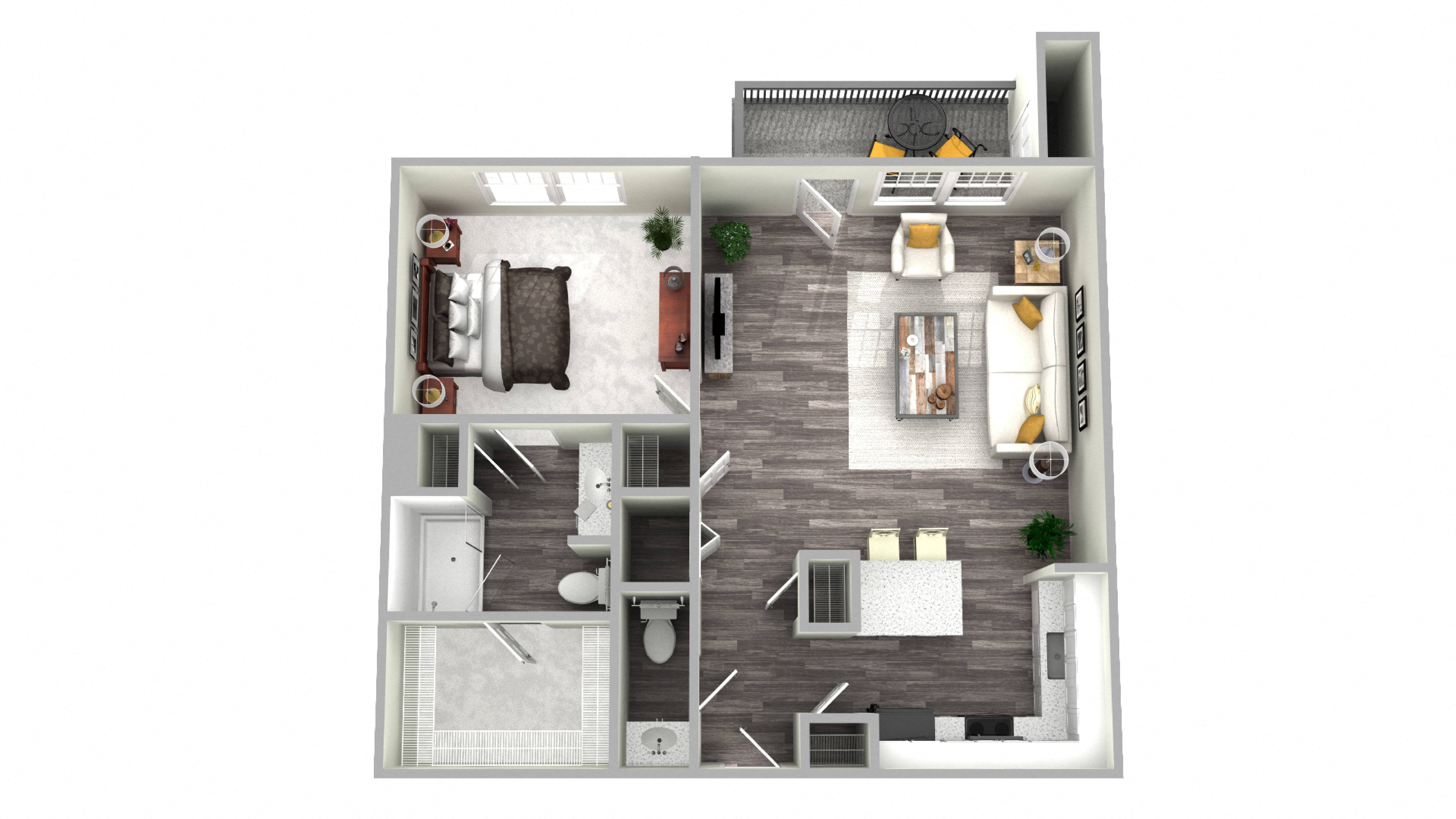 Floor plan for 1 bed, 1.5 baths, 905 sqft